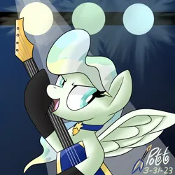 Size: 2500x2500 | Tagged: safe, artist:notadeliciouspotato, derpibooru import, vapor trail, pegasus, pony, clothes, collar, electric guitar, female, guitar, image, mare, musical instrument, open mouth, open smile, png, signature, smiling, socks, solo, spotlight, spread wings, stockings, thigh highs, wings