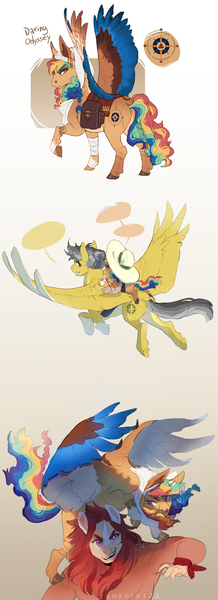 Size: 1111x3058 | Tagged: safe, artist:yozora122, derpibooru import, daring do, oc, oc:daring odyssey, oc:nemea, hybrid, pegasus, pony, bag, butt, colored wings, colt, female, flying, foal, gradient background, hat, hat swap, image, interspecies offspring, jpeg, magical lesbian spawn, male, mare, mother and child, mother and son, multicolored hair, multicolored wings, offspring, parent:daring do, parent:moondancer, parent:rainbow dash, parent:scorpan, parents:daringdash, parents:moonpan, plot, ponies riding ponies, rainbow hair, riding, saddle bag, spread wings, stallion, underhoof, wings