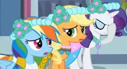Size: 2160x1183 | Tagged: safe, derpibooru import, screencap, applejack, rainbow dash, rarity, earth pony, pegasus, pony, unicorn, a canterlot wedding, angry, annoyed, bridesmaid, bridesmaid dress, canterlot, canterlot castle, clothes, conflict, disappointed, dress, facehoof, floral head wreath, flower, flower in hair, force field, gown, image, jpeg, marriage, royal wedding, wedding