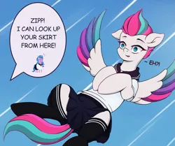 Size: 1433x1197 | Tagged: safe, artist:ravenirik, derpibooru import, izzy moonbow, zipp storm, pegasus, pony, semi-anthro, unicorn, clothes, eh?, female, flying, g5, image, implied upskirt, mare, no pupils, png, school uniform, skirt, socks, speech bubble, zettai ryouiki