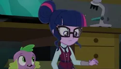 Size: 2160x1238 | Tagged: safe, derpibooru import, screencap, sci-twi, spike, spike the regular dog, twilight sparkle, dog, human, equestria girls, friendship games, clothes, crystal prep academy, crystal prep academy uniform, female, glasses, hair bun, image, jpeg, necktie, school, school girl, school uniform, uniform