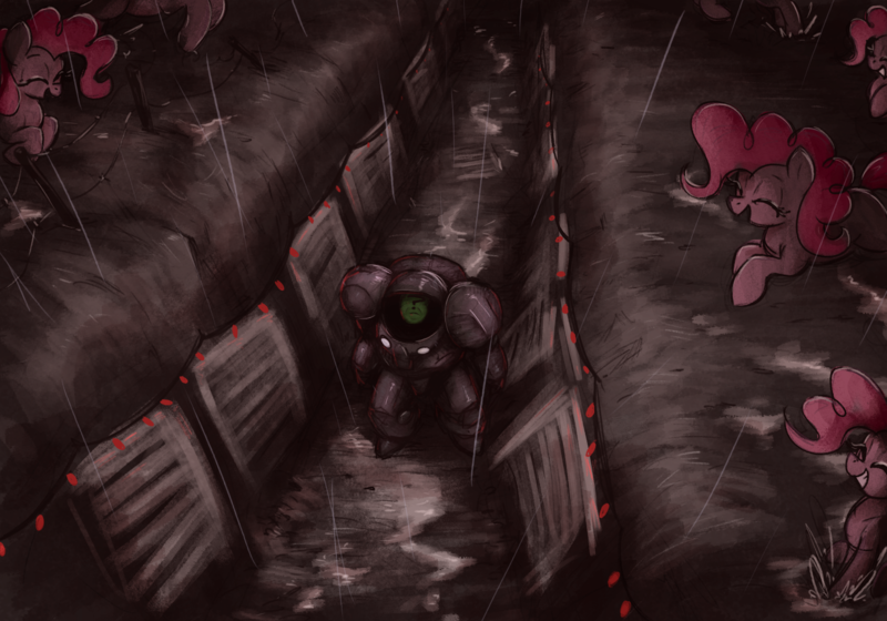 Size: 3000x2100 | Tagged: safe, artist:t72b, derpibooru import, pinkie pie, oc, oc:anon, ponified, earth pony, human, pony, too many pinkie pies, armor, eyes closed, female, fun fun fun, image, impending doom, limited palette, looking up, male, mare, png, power armor, pronking, rain, starcraft, trench