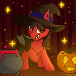 Size: 2894x2894 | Tagged: safe, artist:jellysketch, derpibooru import, ponified, bat pony, pony, bat wings, cauldron, commission, fall out boy, fangs, halloween, hat, holiday, image, jack-o-lantern, looking at you, male, partially open wings, pete wentz, png, pumpkin, raised hoof, slit pupils, solo, stallion, wings, witch hat, ych result