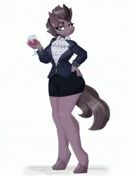 Size: 2200x2992 | Tagged: safe, artist:flutterthrash, derpibooru import, oc, anthro, earth pony, unguligrade anthro, alcohol, clothes, female, glass, hand on hip, image, jacket, jpeg, miniskirt, simple background, skirt, skirt suit, solo, suit, white background, wine, wine glass