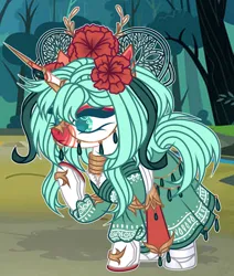Size: 1440x1701 | Tagged: safe, artist:justsadluna, derpibooru import, oc, unofficial characters only, pony, unicorn, clothes, dress, eyelashes, female, flower, flower in hair, forest, horn, image, mare, neck rings, outdoors, png, raised hoof, solo, tree, unicorn oc