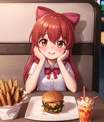 Size: 2304x2688 | Tagged: safe, derpibooru import, machine learning generated, stable diffusion, apple bloom, human, blushing, burger, food, french fries, hands on cheeks, humanized, image, looking at you, milkshake, open mouth, png, restaurant, solo