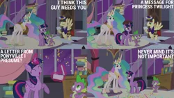 Size: 2000x1125 | Tagged: safe, derpibooru import, edit, edited screencap, editor:quoterific, screencap, care package, princess celestia, special delivery, spike, twilight sparkle, twilight sparkle (alicorn), alicorn, dragon, pegasus, pony, princess twilight sparkle (episode), book, confetti, crown, delivery, ethereal mane, ethereal tail, eyes closed, female, frown, holding, hoof shoes, image, jewelry, letter, magic, mailpony, male, mare, open mouth, open smile, peytral, png, pointing, regalia, smiling, stallion, tail, telekinesis