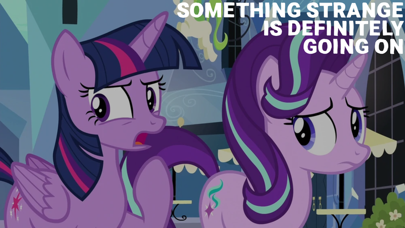 Size: 1920x1080 | Tagged: safe, derpibooru import, edit, edited screencap, editor:quoterific, screencap, starlight glimmer, twilight sparkle, alicorn, pony, unicorn, the times they are a changeling, concerned, duo, duo female, female, image, open mouth, png, quote, raised hoof, text