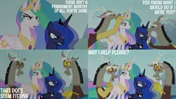 Size: 2000x1125 | Tagged: safe, derpibooru import, edit, edited screencap, editor:quoterific, screencap, discord, princess celestia, princess luna, alicorn, draconequus, pony, the beginning of the end, celestia is not amused, duplication, female, image, looking at each other, looking at someone, luna is not amused, open mouth, png, question, royal sisters, siblings, sisters, smiling, smirk, text, trio, unamused, whispering in ear