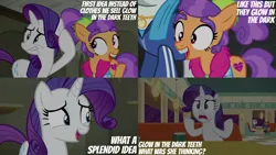 Size: 2000x1125 | Tagged: safe, derpibooru import, edit, edited screencap, editor:quoterific, screencap, mr. stripes, plaid stripes, rarity, unnamed character, earth pony, pony, unicorn, the saddle row review, big eyebrows, braces, clothes, confused, disgusted, duo focus, feather boa, image, jacket, png, raised hoof, raised hooves, restaurant, teeth, text