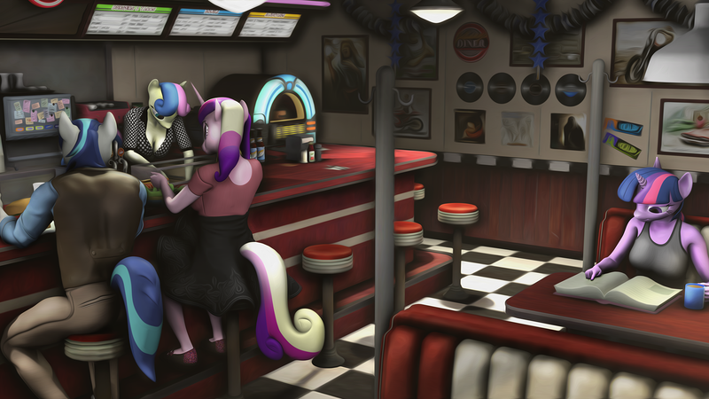 Size: 1920x1080 | Tagged: safe, artist:litterpaws, derpibooru import, bon bon, princess cadance, shining armor, sweetie drops, twilight sparkle, alicorn, anthro, unicorn, 3d, ass, book, breasts, butt, cleavage, coffee mug, diner, female, image, jukebox, male, mug, png, reading, sitting, source filmmaker