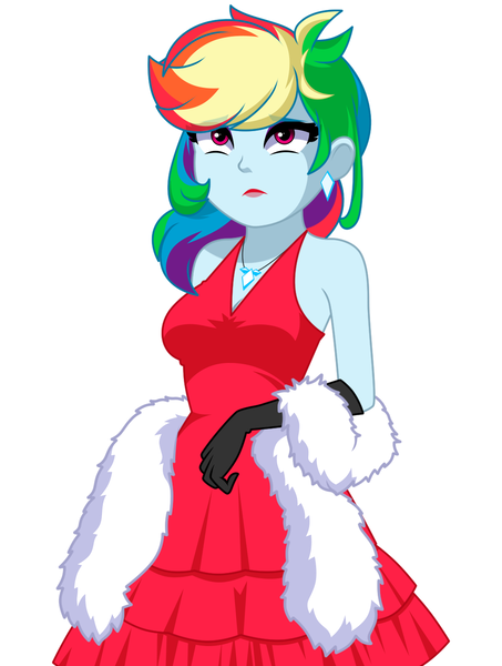 Size: 1034x1369 | Tagged: safe, artist:rosemile mulberry, derpibooru import, rainbow dash, human, equestria girls, alternate hairstyle, breasts, cleavage, clothes, dress, ear piercing, earring, evening gloves, eyeshadow, feather boa, female, gloves, image, jewelry, lipstick, long gloves, makeup, necklace, piercing, png, rainbow dash always dresses in style, red dress, red lipstick, simple background, sleeveless, solo, tomboy taming, updated design, white background