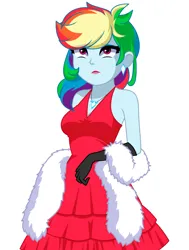 Size: 1034x1369 | Tagged: safe, artist:rosemile mulberry, derpibooru import, rainbow dash, human, equestria girls, alternate hairstyle, breasts, cleavage, clothes, dress, ear piercing, earring, evening gloves, eyeshadow, feather boa, female, gloves, image, jewelry, lipstick, long gloves, makeup, necklace, piercing, png, rainbow dash always dresses in style, red dress, red lipstick, simple background, sleeveless, solo, tomboy taming, updated design, white background