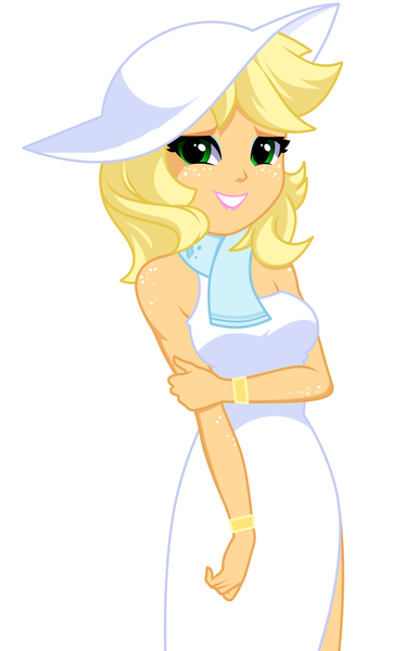 Size: 947x1472 | Tagged: safe, artist:rosemile mulberry, derpibooru import, applejack, human, equestria girls, alternate hairstyle, applejack also dresses in style, applejewel, bare shoulders, beautiful, blonde, bracelet, clothes, diamond, dress, eyeshadow, female, freckles, grin, hat, image, jewelry, lipstick, looking at you, makeup, png, rubbing arm, scarf, shoulder freckles, simple background, sleeveless, smiling, smiling at you, solo, sun hat, tomboy taming, updated design, white background, white dress
