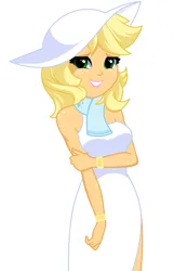 Size: 947x1472 | Tagged: safe, artist:rosemile mulberry, derpibooru import, applejack, human, equestria girls, alternate hairstyle, applejack also dresses in style, applejewel, bare shoulders, beautiful, blonde, bracelet, clothes, diamond, dress, eyeshadow, female, freckles, grin, hat, image, jewelry, lipstick, looking at you, makeup, png, rubbing arm, scarf, shoulder freckles, simple background, sleeveless, smiling, smiling at you, solo, sun hat, tomboy taming, updated design, white background, white dress