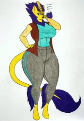 Size: 2394x3443 | Tagged: suggestive, artist:thaliaglacyswells, derpibooru import, oc, oc:zoey, unofficial characters only, anthro, kirin, breasts, image, inflation, jpeg, sequence, solo, thighs, traditional art