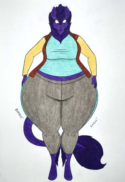 Size: 2413x3525 | Tagged: suggestive, artist:thaliaglacyswells, derpibooru import, part of a set, oc, oc:zoey, unofficial characters only, anthro, kirin, unguligrade anthro, belly, blueberry inflation, breasts, image, inflation, jpeg, part of a series, sequence, solo, thighs, traditional art, wide hips