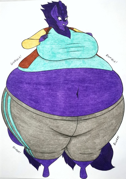 Size: 2449x3475 | Tagged: suggestive, artist:thaliaglacyswells, derpibooru import, part of a set, oc, oc:zoey, unofficial characters only, anthro, kirin, unguligrade anthro, belly, big belly, big breasts, blueberry inflation, breasts, huge belly, huge breasts, image, inflation, jpeg, part of a series, sequence, solo, thighs, traditional art