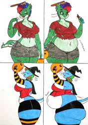 Size: 2432x3431 | Tagged: suggestive, artist:thaliaglacyswells, derpibooru import, oc, oc:glacy tundra, oc:thalia blu, unofficial characters only, anthro, orca, orca pony, original species, shark, shark pony, undead, zombie, belly, breasts, clothes, costume, fat, halloween, holiday, image, jpeg, sequence, socks, striped socks, thighs, traditional art, weight gain, witch