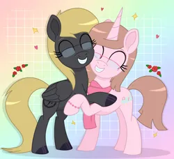 Size: 1216x1110 | Tagged: safe, artist:dyonys, derpibooru import, oc, unofficial characters only, pegasus, pony, unicorn, commission, female, flower, glasses, hoof polish, hug, image, lesbian, mare, oc x oc, png, rainbow background, rose, shipping, smiling