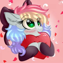 Size: 2048x2048 | Tagged: safe, artist:shoalstar, derpibooru import, oc, oc:blazey sketch, unofficial characters only, blushing, bow, clothes, green eyes, grey fur, hair bow, hug, image, jpeg, long mane, multicolored hair, pillow, pillow hug, simple background, smiling, solo, sweater