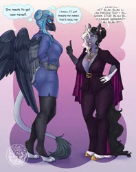 Size: 2131x2697 | Tagged: safe, artist:askbubblelee, derpibooru import, oc, oc:rio azura, oc:starling quartz, unofficial characters only, anthro, digitigrade anthro, gryphon, pony, unguligrade anthro, unicorn, absolute cleavage, anthro oc, big breasts, breasts, cleavage, clothes, commission, complaining, curved horn, digital art, ear piercing, earring, female, griffon oc, horn, image, jewelry, leonine tail, mare, milf, necklace, piercing, png, scolding, tail, thought bubble, unamused, unicorn oc, unshorn fetlocks, wings