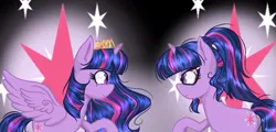 Size: 1033x496 | Tagged: safe, artist:velrenasprk-yt, derpibooru import, sci-twi, twilight sparkle, twilight sparkle (alicorn), ponified, alicorn, pony, unicorn, equestria girls, crown, cutie mark background, duality, duo, duo female, equestria girls ponified, female, glasses, image, jewelry, jpeg, looking at each other, looking at someone, mare, ponytail, raised hoof, regalia, self paradox, self ponidox, smiling, smiling at each other, speedpaint, spread wings, unicorn sci-twi, wings