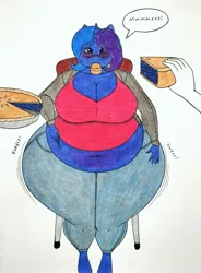 Size: 2425x3294 | Tagged: suggestive, artist:thaliaglacyswells, derpibooru import, oc, oc:scribble script, anthro, belly, blueberry inflation, breasts, cleavage, force feeding, image, inflation, jpeg, sequence, thighs, traditional art