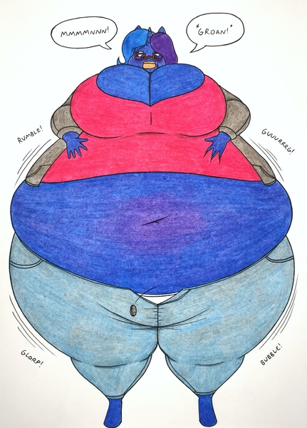 Size: 2444x3405 | Tagged: suggestive, artist:thaliaglacyswells, derpibooru import, oc, oc:scribble script, unofficial characters only, anthro, belly, blueberry inflation, breasts, cleavage, image, inflation, jpeg, sequence, solo, thighs, traditional art