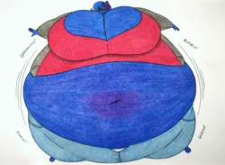 Size: 3362x2467 | Tagged: suggestive, artist:thaliaglacyswells, derpibooru import, oc, oc:scribble script, unofficial characters only, anthro, belly, blueberry inflation, breasts, cleavage, image, inflation, jpeg, sequence, solo, traditional art