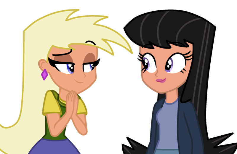 Size: 1888x1228 | Tagged: safe, artist:skyfallfrost, derpibooru import, human, equestria girls, chloe carmichael, clothes, design, digital art, duo, duo female, ear piercing, earring, eyelashes, female, humanized, image, jacket, jewelry, lipstick, piercing, png, ship, shipping, simple background, the fairly oddparents, tootie, transparent background