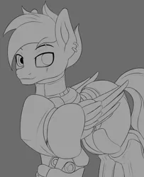 Size: 1975x2435 | Tagged: safe, artist:thehuskylord, derpibooru import, pegasus, pony, 2022, armor, digital artwork, ear piercing, image, looking at you, monochrome, piercing, png, power armor, scar, sketch, smiling, wings