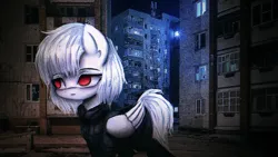 Size: 1280x720 | Tagged: safe, artist:menalia, derpibooru import, oc, oc:rimo, pegasus, pony, albino, clothes, female, image, irl, jacket, lighting, looking at something, mare, night, outdoors, pants, photo, png, ponies in real life, red eyes, scarf, street, walking, window, wings