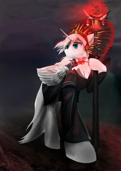 Size: 3508x4961 | Tagged: safe, derpibooru import, alicorn, pony, blue eyes, bowtie, clothes, image, jpeg, red glow, staff, thunderstorm, white