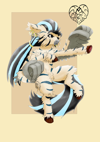 Size: 3508x4961 | Tagged: safe, derpibooru import, hybrid, pegasus, pony, zebra, zony, fallout equestria, combat, female, image, jpeg, mare, nergo, striped, wings