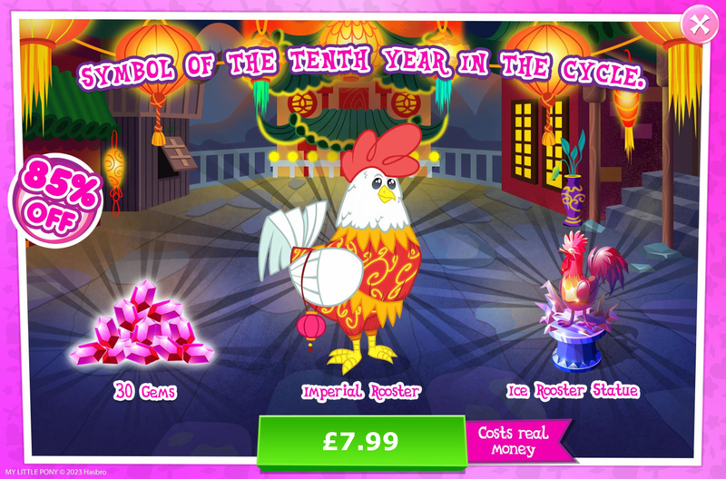 Size: 1961x1295 | Tagged: safe, derpibooru import, official, bird, advertisement, clothes, costs real money, english, folded wings, gameloft, gem, ice sculpture, image, jpeg, lunar new year, mobile game, my little pony: magic princess, numbers, rooster, sale, solo, solo focus, text, wings