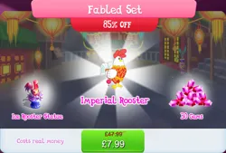 Size: 1270x857 | Tagged: safe, derpibooru import, official, bird, bundle, clothes, costs real money, english, folded wings, gameloft, gem, ice sculpture, image, jpeg, lunar new year, mobile game, my little pony: magic princess, numbers, rooster, sale, solo, solo focus, text, wings
