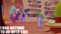 Size: 1920x1080 | Tagged: safe, derpibooru import, edit, edited screencap, editor:quoterific, screencap, cheerilee, spike, twilight sparkle, unicorn, the show stoppers, golden oaks library, image, library, png, unicorn twilight