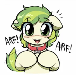 Size: 1480x1475 | Tagged: safe, artist:moozua, derpibooru import, oc, oc:karakusa, unofficial characters only, earth pony, pony, behaving like a dog, collar, dog collar, emanata, female, filly, foal, image, jpeg, open mouth, open smile, simple background, smiling, solo, white background