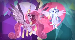 Size: 1024x544 | Tagged: safe, artist:velveagicsentryyt, derpibooru import, princess cadance, princess flurry heart, pony, base used, image, jpeg, nightmare cadance, nightmare flurry heart, nightmarified, older