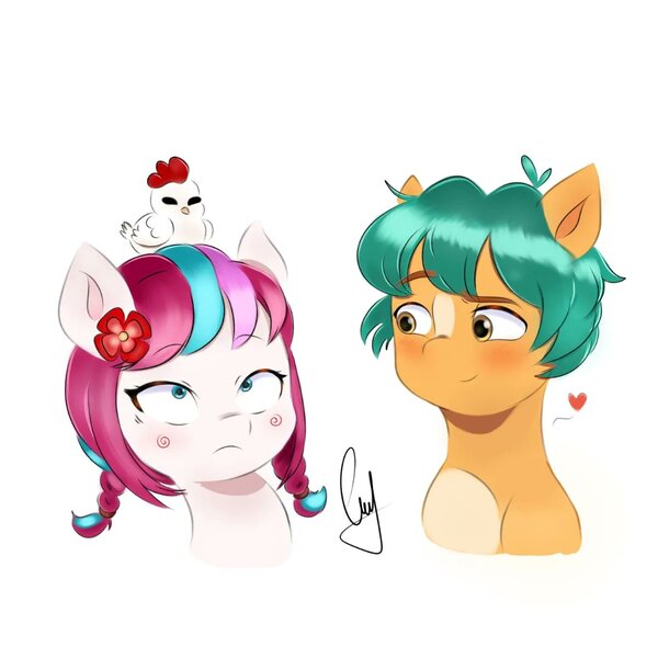 Size: 1080x1080 | Tagged: safe, artist:mango_moon190, derpibooru import, hitch trailblazer, zipp storm, bird, chicken, earth pony, pegasus, pony, alternate hairstyle, blushing, cute, duo, duo male and female, female, flower, g5, heart, hitchzipp, image, jpeg, looking at someone, male, mare, pucca, raised hoof, scene interpretation, shipping, simple background, smiling, stallion, straight, white background