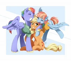 Size: 2048x1754 | Tagged: safe, artist:applesartt, derpibooru import, applejack, bow hothoof, windy whistles, earth pony, pegasus, pony, crying, eyes closed, female, grin, image, implied appledash, implied lesbian, implied shipping, in-laws, jpeg, male, open mouth, open smile, smiling, trio