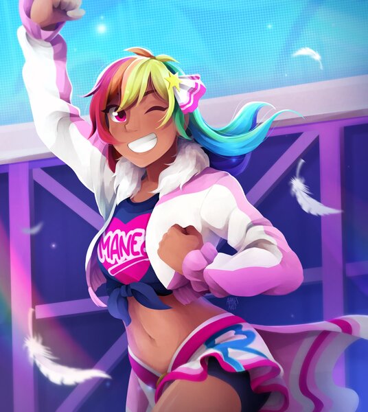 Size: 1829x2048 | Tagged: safe, artist:applesartt, derpibooru import, rainbow dash, human, belly button, feather, female, humanized, image, jpeg, love live!, love live! sunshine!!, midriff, one eye closed, solo, wink