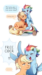 Size: 2048x3598 | Tagged: safe, artist:applesartt, derpibooru import, applejack, rainbow dash, earth pony, pegasus, pony, appledash, cider dash, duo, eyes closed, female, image, lesbian, one eye closed, open mouth, open smile, png, shipping, simple background, smiling, that pony sure does love cider, white background
