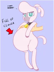 Size: 694x914 | Tagged: safe, artist:duragan, derpibooru import, sheep, them's fightin' herds, adorafatty, arrow, belly, big belly, community related, cute, derpibooru exclusive, disembodied hand, duckface, fat, food baby, full of pilk, hand, holding, image, lamb, not pregnant, png, pom (tfh), puppy dog eyes, stuffed belly, talking to viewer