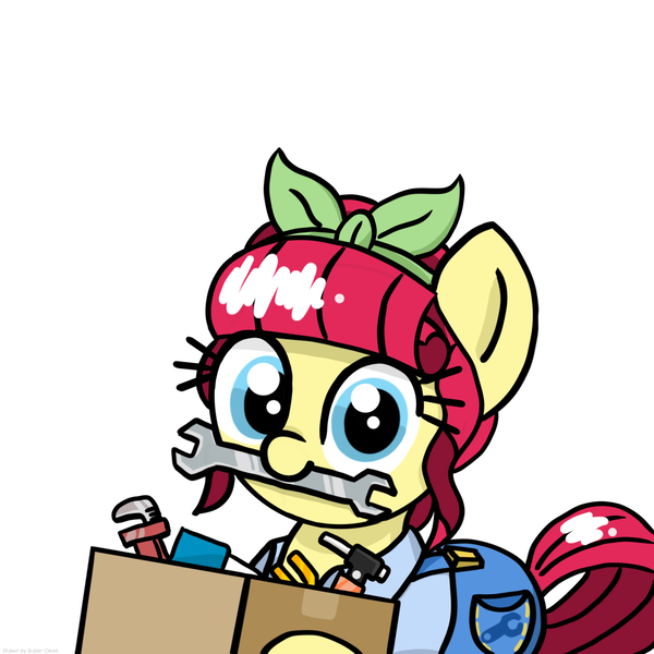 Size: 2048x2048 | Tagged: safe, artist:super-dead, derpibooru import, torque wrench, earth pony, pony, box, clothes, female, image, looking at you, mouth hold, png, simple background, solo, toolbox, white background