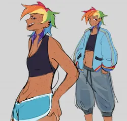 Size: 1413x1350 | Tagged: safe, artist:ecstasydemon, derpibooru import, rainbow dash, human, female, gray background, humanized, image, jpeg, midriff, simple background, solo