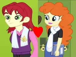 Size: 952x714 | Tagged: safe, derpibooru import, screencap, golden hazel, nolan north, human, equestria girls, equestria girls (movie), clothes, cropped, female, heart, image, lockers, male, nolanhazel, notebook, png, scarf, shipping, shipping domino, straight