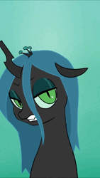 Size: 720x1280 | Tagged: safe, artist:doublewbrothers, derpibooru import, queen chrysalis, changedling, changeling, changeling queen, human, animated, antennae, blinking, chest fluff, cute, dialogue, eyes closed, fangs, female, hand, image, looking at you, petting, purified chrysalis, smiling, talking to viewer, transformation, trill, webm