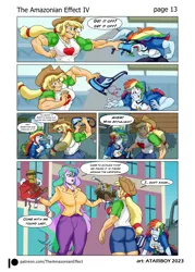 Size: 2726x3802 | Tagged: safe, artist:atariboy2600, artist:bluecarnationstudios, derpibooru import, applejack, princess celestia, rainbow dash, human, mouse, comic:the amazonian effect, comic:the amazonian effect iv, equestria girls, angry, applejacked, breasts, busty applejack, busty princess celestia, busty rainbow dash, clothes, converse, image, motorcycle, muscles, overdeveloped muscles, png, purse, rainbuff dash, shoes